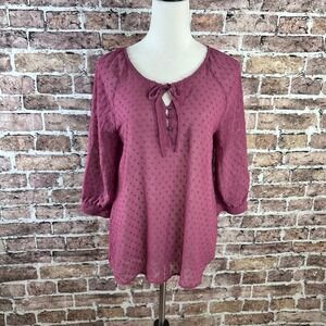 Matilda Jane Women's Purple Swiss Dot Tie Neck Long Sleeve Blouse Top Size S